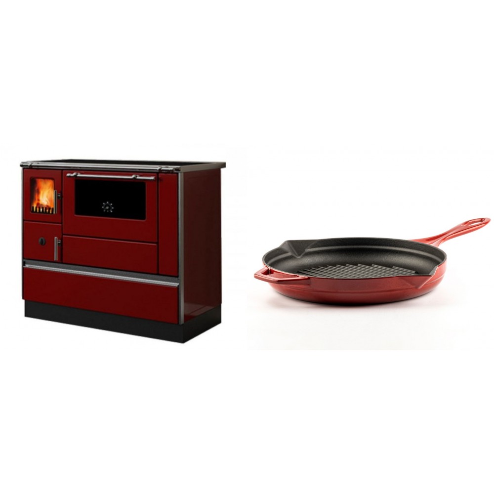Set Küchenofen / Küchenhexe mit Backofen und Kochplatte Alfa Plam, Modell Dominant 90H Rot, Leistung 6.5kW + Emaillierte grillpfanne Gusseisen Solagio, Rubin, Ф28cm | Kaminofen - Holzofen mit Backfach | Kaminofen |