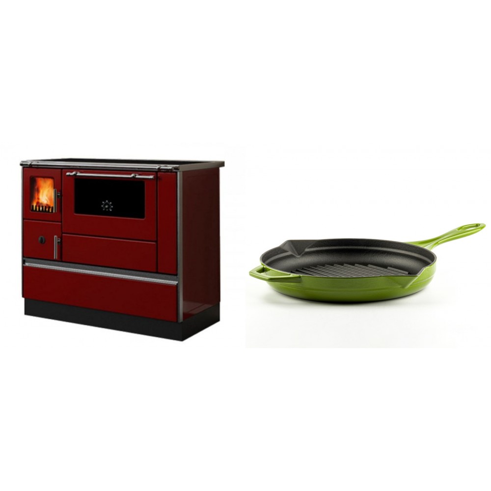 Set Küchenofen / Küchenhexe mit Backofen und Kochplatte Alfa Plam, Modell Dominant 90H Rot, Leistung 6.5kW + Emaillierte grillpfanne Gusseisen Solagio, Bamboo, Ф28cm