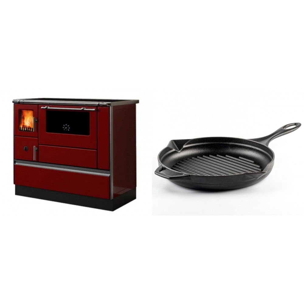 Set Küchenofen / Küchenhexe mit Backofen und Kochplatte Alfa Plam, Modell Dominant 90H Rot, Leistung 6.5kW + Emaillierte grillpfanne Gusseisen Solagio, Black Onyx, Ф28cm