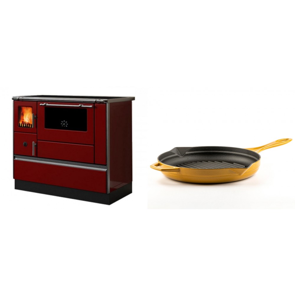 Set Küchenofen / Küchenhexe mit Backofen und Kochplatte Alfa Plam, Modell Dominant 90H Rot, Leistung 6.5kW + Emaillierte grillpfanne Gusseisen Solagio, Dijon, Ф28cm | Kaminofen - Holzofen mit Backfach | Kaminofen |