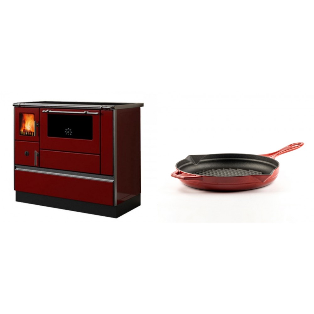 Set Küchenofen / Küchenhexe mit Backofen und Kochplatte Alfa Plam, Modell Dominant 90H Rot, Leistung 6.5kW + Emaillierte grillpfanne Gusseisen Solagio, Rubin, Ф24cm