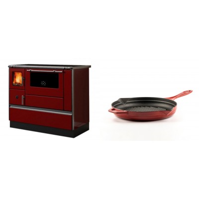 Set Küchenofen / Küchenhexe mit Backofen und Kochplatte Alfa Plam, Modell Dominant 90H Rot, Leistung 6.5kW + Emaillierte grillpfanne Gusseisen Solagio, Rubin, Ф24cm - Kaminofen - Holzofen mit Backfach