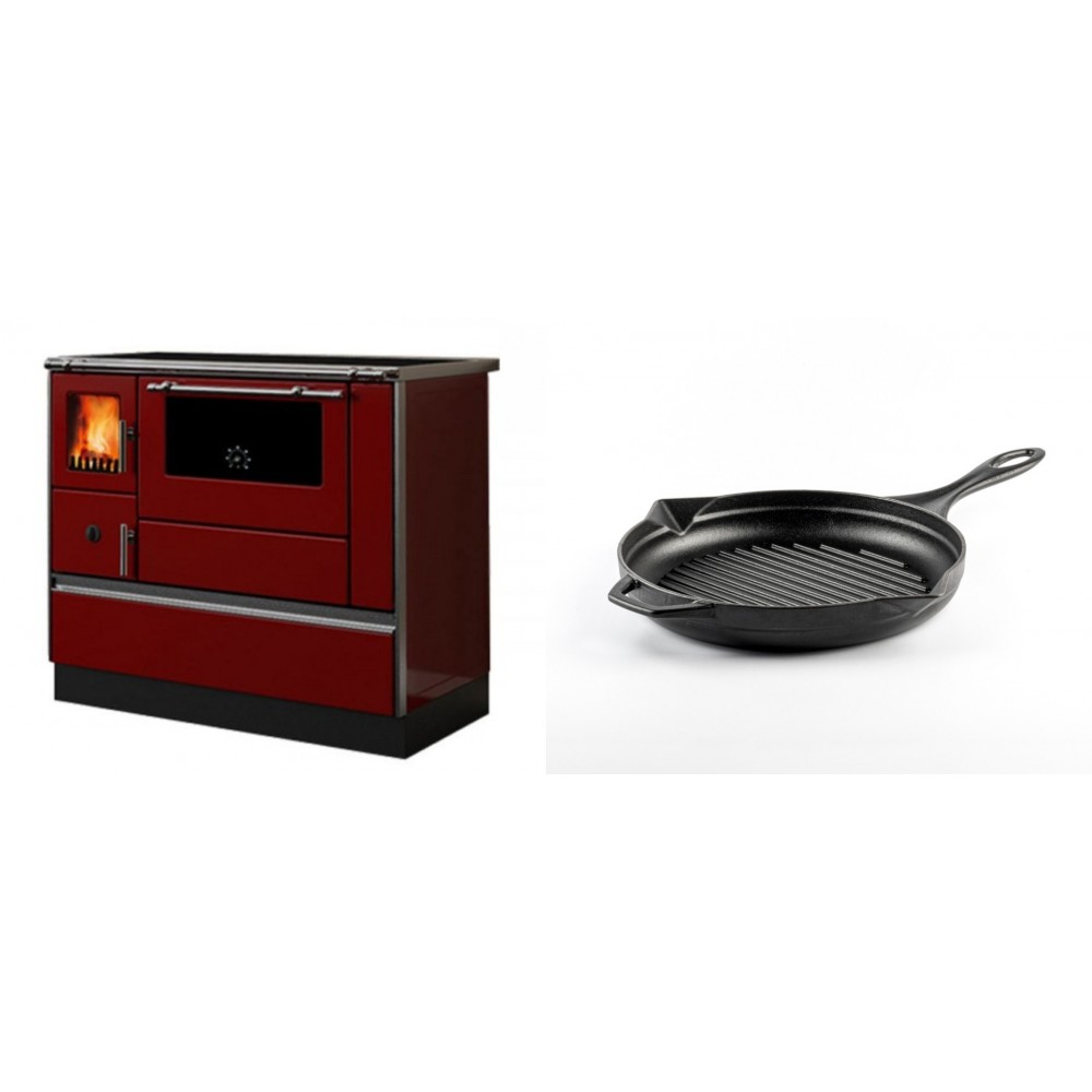 Set Küchenofen / Küchenhexe mit Backofen und Kochplatte Alfa Plam, Modell Dominant 90H Rot, Leistung 6.5kW + Emaillierte grillpfanne Gusseisen Solagio, Black Onyx, Ф24cm | Kaminofen - Holzofen mit Backfach | Kaminofen |