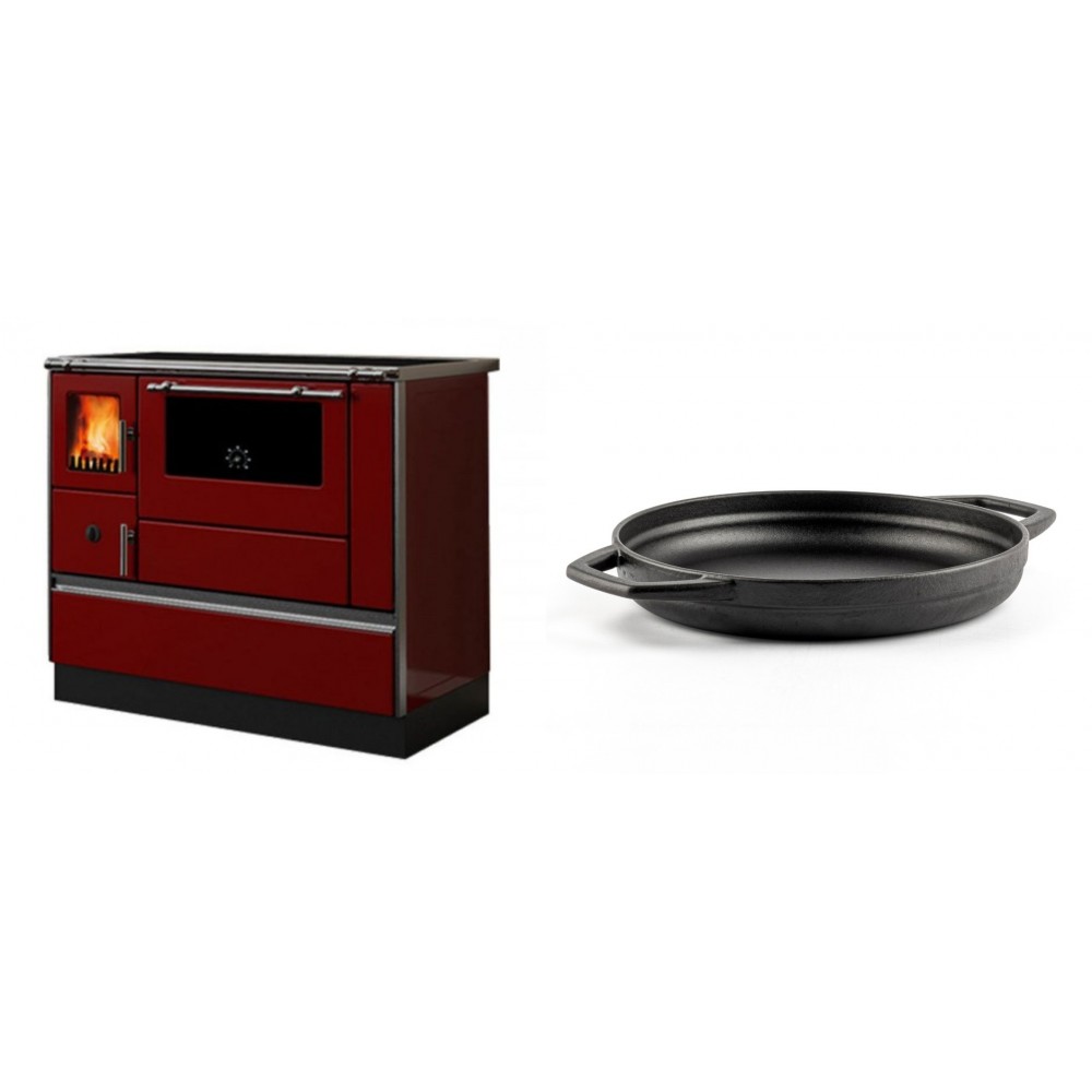 Set Küchenofen / Küchenhexe mit Backofen und Kochplatte Alfa Plam, Modell Dominant 90H Rot, Leistung 6.5kW + Emaillierte gusseisenpfanne mit zwei Griffen Solagio, Black Onyx, Ф22cm | Kaminofen - Holzofen mit Backfach | Kaminofen |