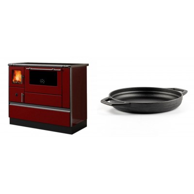 Set Küchenofen / Küchenhexe mit Backofen und Kochplatte Alfa Plam, Modell Dominant 90H Rot, Leistung 6.5kW + Emaillierte gusseisenpfanne mit zwei Griffen Solagio, Black Onyx, Ф22cm - Kaminofen - Holzofen mit Backfach