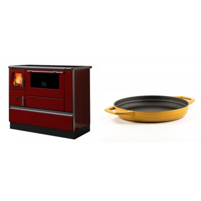 Set Küchenofen / Küchenhexe mit Backofen und Kochplatte Alfa Plam, Modell Dominant 90H Rot, Leistung 6.5kW + Emaillierte gusseisenpfanne mit zwei Griffen Solagio, Dijon, Ф22cm - Kaminofen - Holzofen mit Backfach