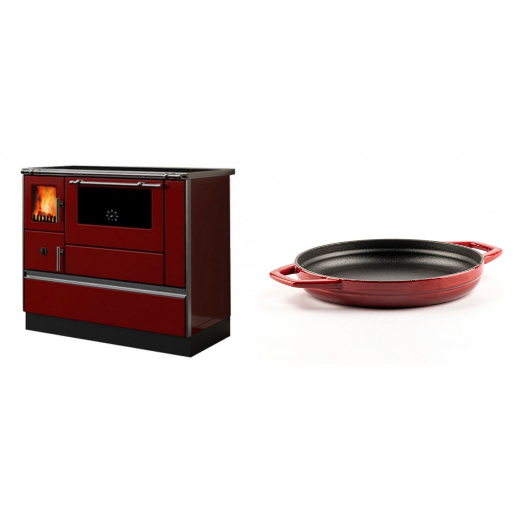 Set Küchenofen / Küchenhexe mit Backofen und Kochplatte Alfa Plam, Modell Dominant 90H Rot, Leistung 6.5kW + Emaillierte gusseisenpfanne mit zwei Griffen Solagio, Rubin, Ф22cm | Kaminofen - Holzofen mit Backfach | Kaminofen |