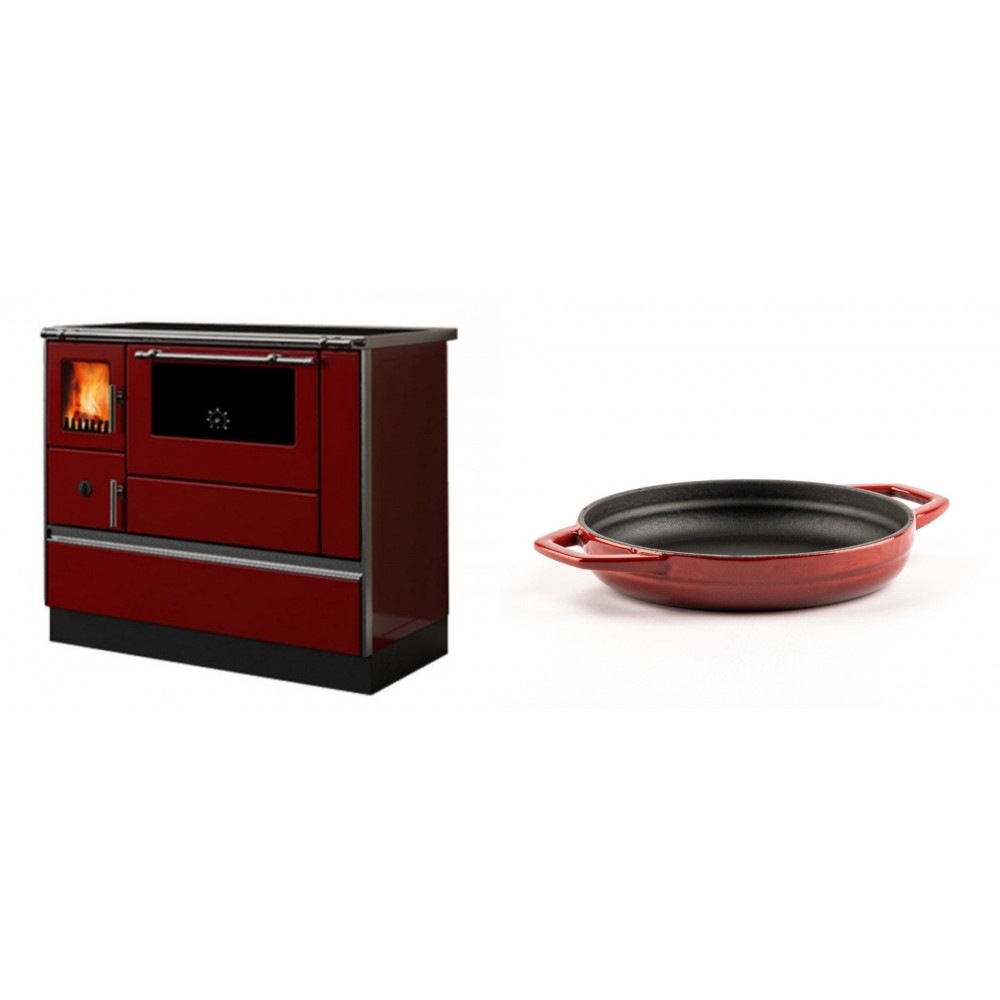 Set Küchenofen / Küchenhexe mit Backofen und Kochplatte Alfa Plam, Modell Dominant 90H Rot, Leistung 6.5kW + Emaillierte gusseisenpfanne mit zwei Griffen Solagio, Rubin, Ф19cm | Kaminofen - Holzofen mit Backfach | Kaminofen |