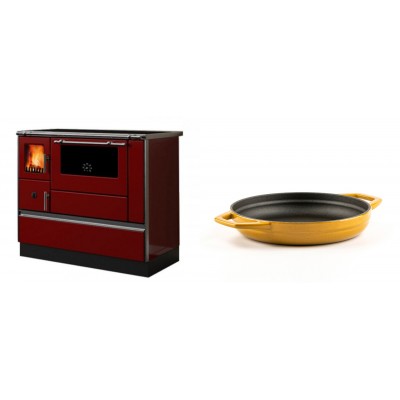 Set Küchenofen / Küchenhexe mit Backofen und Kochplatte Alfa Plam, Modell Dominant 90H Rot, Leistung 6.5kW + Emaillierte gusseisenpfanne mit zwei Griffen Solagio, Dijon, Ф19cm - Kaminofen - Holzofen mit Backfach