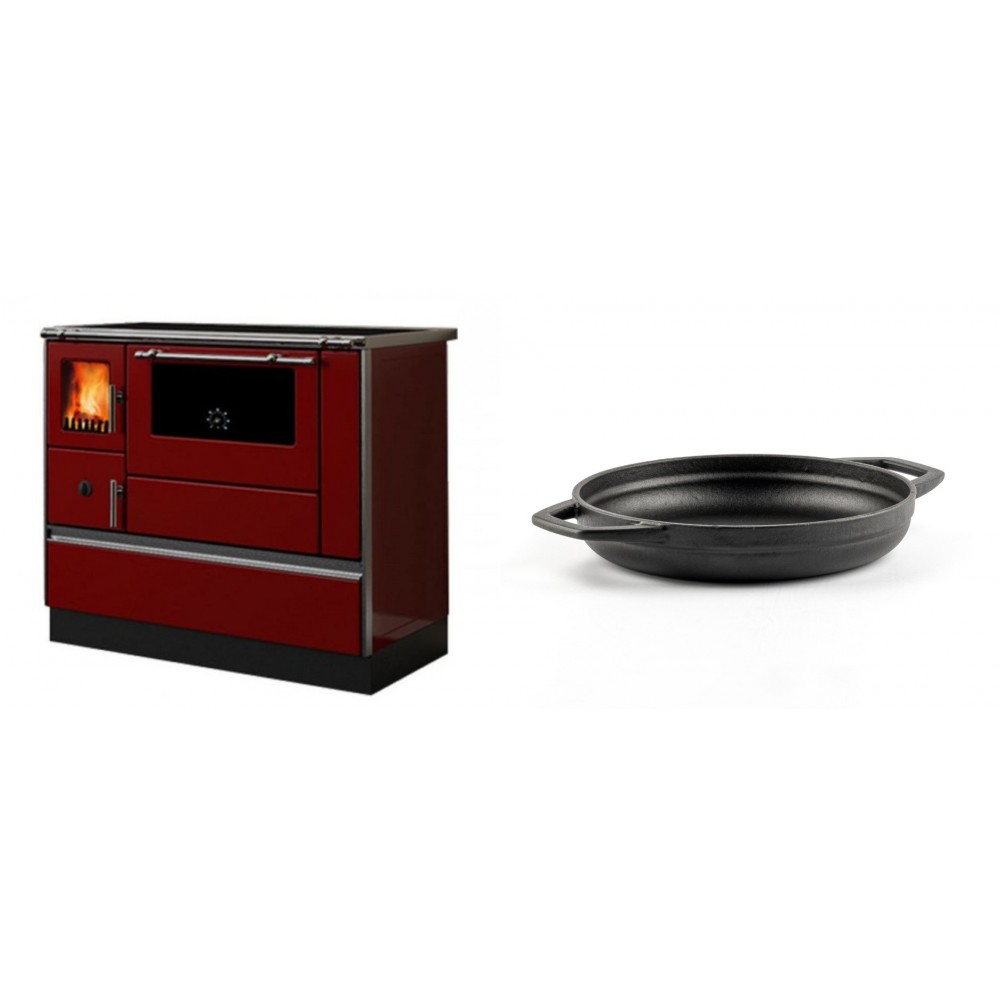 Set Küchenofen / Küchenhexe mit Backofen und Kochplatte Alfa Plam, Modell Dominant 90H Rot, Leistung 6.5kW + Emaillierte gusseisenpfanne mit zwei Griffen Solagio, Black Onyx, Ф19cm | Kaminofen - Holzofen mit Backfach | Kaminofen |