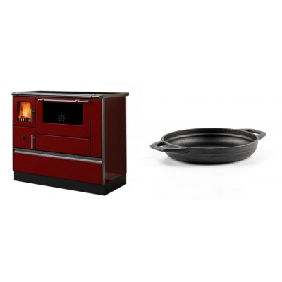Set Küchenofen / Küchenhexe mit Backofen und Kochplatte Alfa Plam, Modell Dominant 90H Rot, Leistung 6.5kW + Emaillierte gusseisenpfanne mit zwei Griffen Solagio, Black Onyx, Ф19cm - Kaminofen - Holzofen mit Backfach
