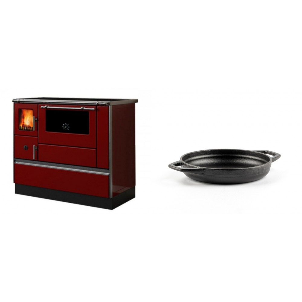 Set Küchenofen / Küchenhexe mit Backofen und Kochplatte Alfa Plam, Modell Dominant 90H Rot, Leistung 6.5kW + Emaillierte gusseisenpfanne mit zwei Griffen Solagio, Black Onyx, Ф16cm