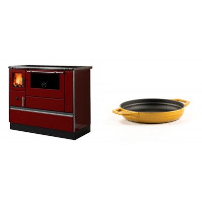 Set Küchenofen / Küchenhexe mit Backofen und Kochplatte Alfa Plam, Modell Dominant 90H Rot, Leistung 6.5kW + Emaillierte gusseisenpfanne mit zwei Griffen Solagio, Dijon, Ф16cm - Kaminofen - Holzofen mit Backfach