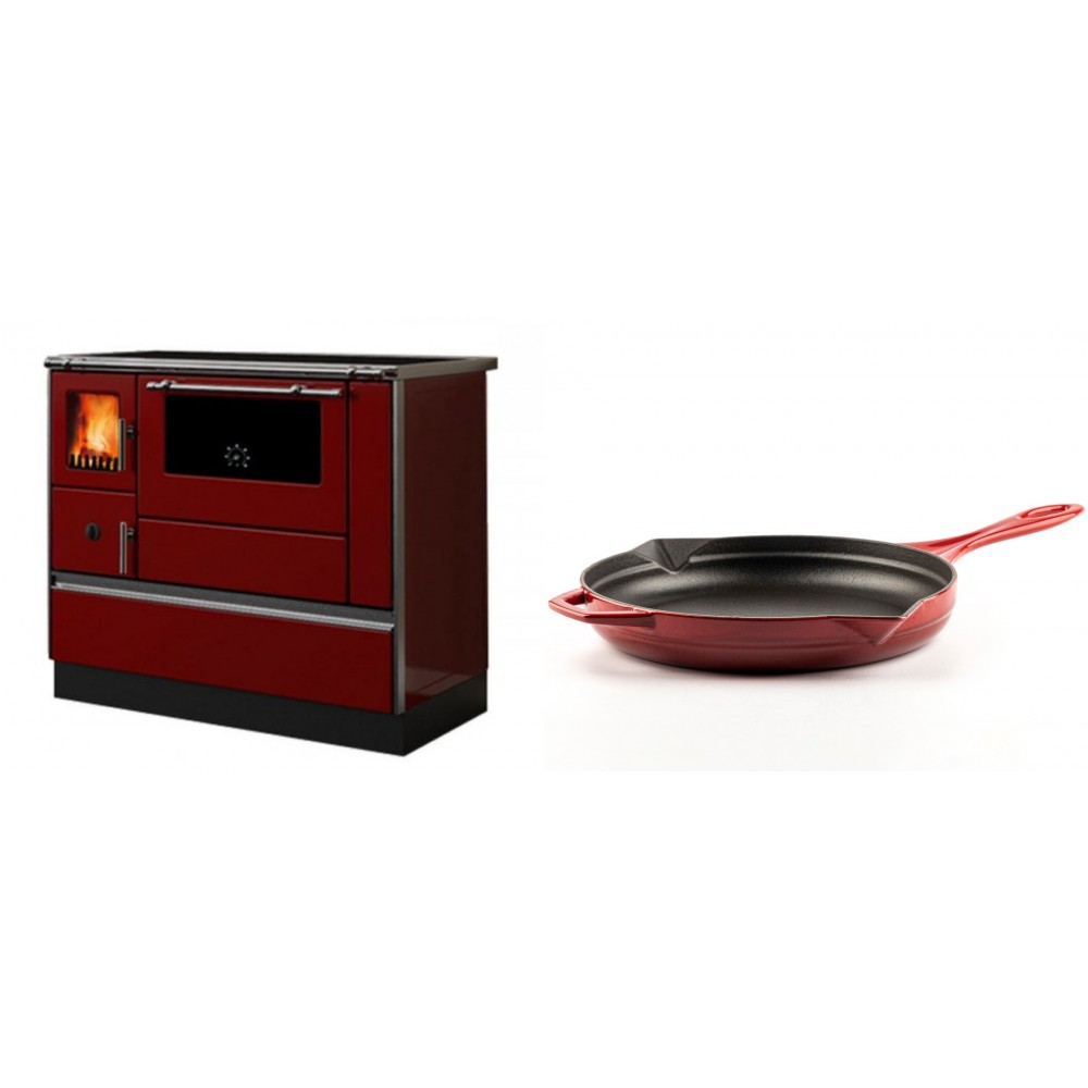 Set Küchenofen / Küchenhexe mit Backofen und Kochplatte Alfa Plam, Modell Dominant 90H Rot, Leistung 6.5kW + Emaillierte Gusseisenpfanne Solagio, Rubin, Ф28cm
