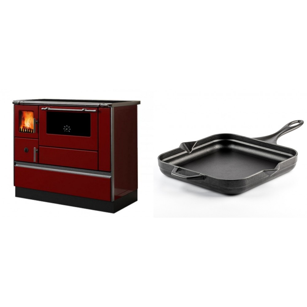 Set Küchenofen / Küchenhexe mit Backofen und Kochplatte Alfa Plam, Modell Dominant 90H Rot, Leistung 6.5kW + Emaillierte Gusseisenpfanne Solagio, Black Onyx, 28x28cm | Kaminofen - Holzofen mit Backfach | Kaminofen |