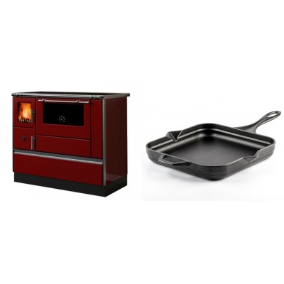 Set Küchenofen / Küchenhexe mit Backofen und Kochplatte Alfa Plam, Modell Dominant 90H Rot, Leistung 6.5kW + Emaillierte Gusseisenpfanne Solagio, Black Onyx, 28x28cm - Kaminofen - Holzofen mit Backfach