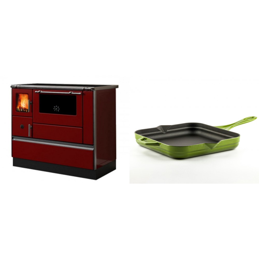 Set Küchenofen / Küchenhexe mit Backofen und Kochplatte Alfa Plam, Modell Dominant 90H Rot, Leistung 6.5kW + Emaillierte Gusseisenpfanne Solagio, Bamboo, 28x28cm | Kaminofen - Holzofen mit Backfach | Kaminofen |