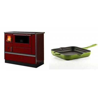 Set Küchenofen / Küchenhexe mit Backofen und Kochplatte Alfa Plam, Modell Dominant 90H Rot, Leistung 6.5kW + Emaillierte Gusseisenpfanne Solagio, Bamboo, 28x28cm - Kaminofen - Holzofen mit Backfach