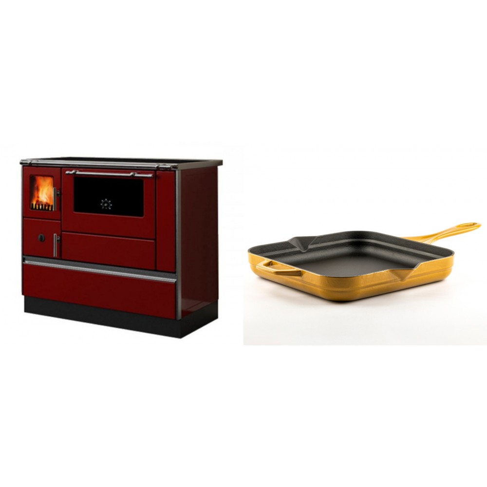 Set Küchenofen / Küchenhexe mit Backofen und Kochplatte Alfa Plam, Modell Dominant 90H Rot, Leistung 6.5kW + Emaillierte Gusseisenpfanne Solagio, Dijon, 28x28cm | Kaminofen - Holzofen mit Backfach | Kaminofen |