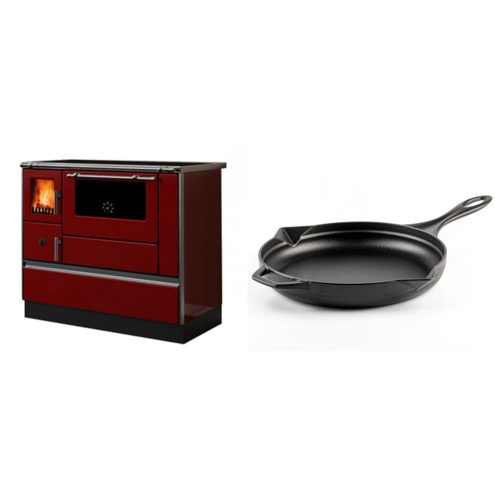 Set Küchenofen / Küchenhexe mit Backofen und Kochplatte Alfa Plam, Modell Dominant 90H Rot, Leistung 6.5kW + Emaillierte Gusseisenpfanne Solagio, Black Onyx, Ф28cm