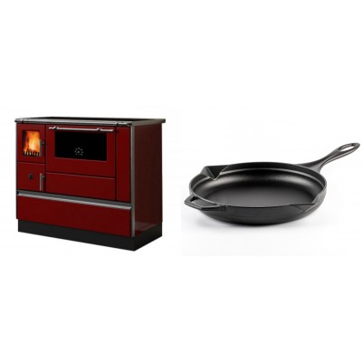 Set Küchenofen / Küchenhexe mit Backofen und Kochplatte Alfa Plam, Modell Dominant 90H Rot, Leistung 6.5kW + Emaillierte Gusseisenpfanne Solagio, Black Onyx, Ф28cm - Kaminofen - Holzofen mit Backfach