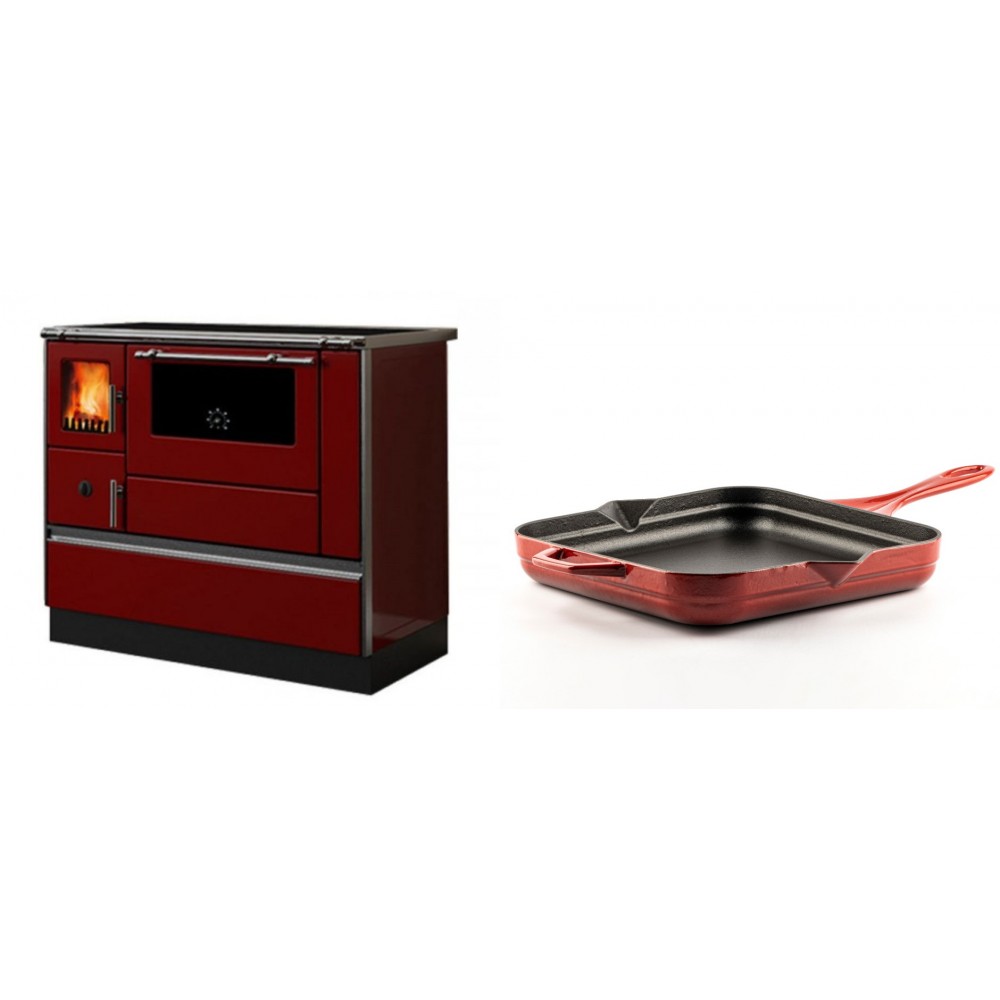 Set Küchenofen / Küchenhexe mit Backofen und Kochplatte Alfa Plam, Modell Dominant 90H Rot, Leistung 6.5kW + Emaillierte Gusseisenpfanne Solagio, Rubin, 28x28cm