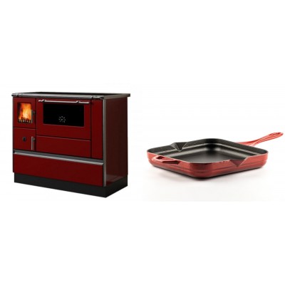 Set Küchenofen / Küchenhexe mit Backofen und Kochplatte Alfa Plam, Modell Dominant 90H Rot, Leistung 6.5kW + Emaillierte Gusseisenpfanne Solagio, Rubin, 28x28cm - Kaminofen - Holzofen mit Backfach
