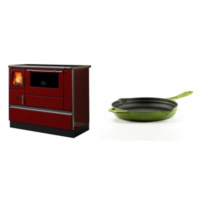Set Küchenofen / Küchenhexe mit Backofen und Kochplatte Alfa Plam, Modell Dominant 90H Rot, Leistung 6.5kW + Emaillierte Gusseisenpfanne Solagio, Bamboo, Ф24cm - Kaminofen - Holzofen mit Backfach