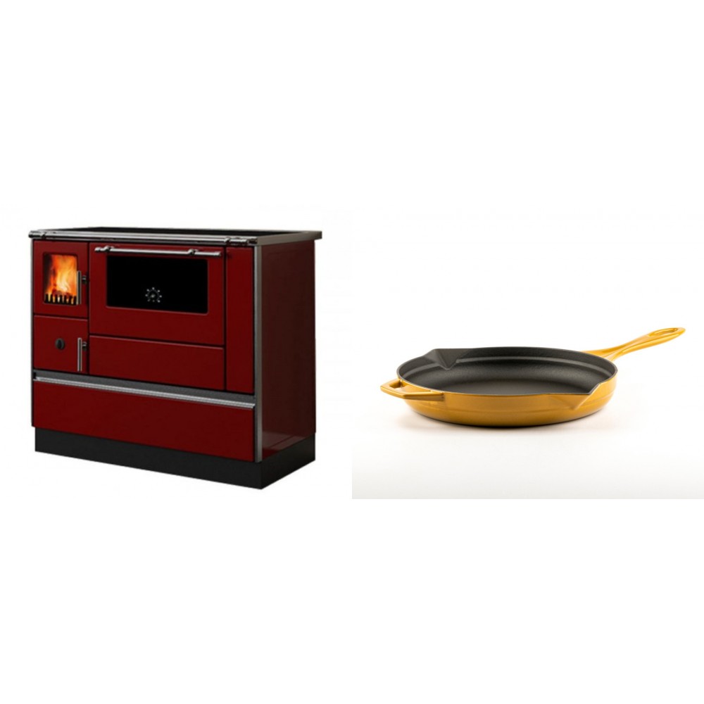 Set Küchenofen / Küchenhexe mit Backofen und Kochplatte Alfa Plam, Modell Dominant 90H Rot, Leistung 6.5kW + Emaillierte Gusseisenpfanne Solagio, Dijon, Ф24cm