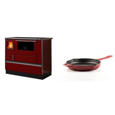 Set Küchenofen / Küchenhexe mit Backofen und Kochplatte Alfa Plam, Modell Dominant 90H Rot, Leistung 6.5kW + Emaillierte Gusseisenpfanne Solagio, Rubin, Ф24cm - Kaminofen - Holzofen mit Backfach