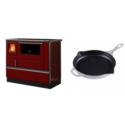 Set Küchenofen / Küchenhexe mit Backofen und Kochplatte Alfa Plam, Modell Dominant 90H Rot, Leistung 6.5kW + Emaillierte Gusseisenpfanne Solagio, Ivory, Ф28cm - Kaminofen - Holzofen mit Backfach