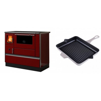 Set Küchenofen / Küchenhexe mit Backofen und Kochplatte Alfa Plam, Modell Dominant 90H Rot, Leistung 6.5kW + Emaillierte grillpfanne Gusseisen Solagio, Ivory, 26x32cm - Kaminofen - Holzofen mit Backfach
