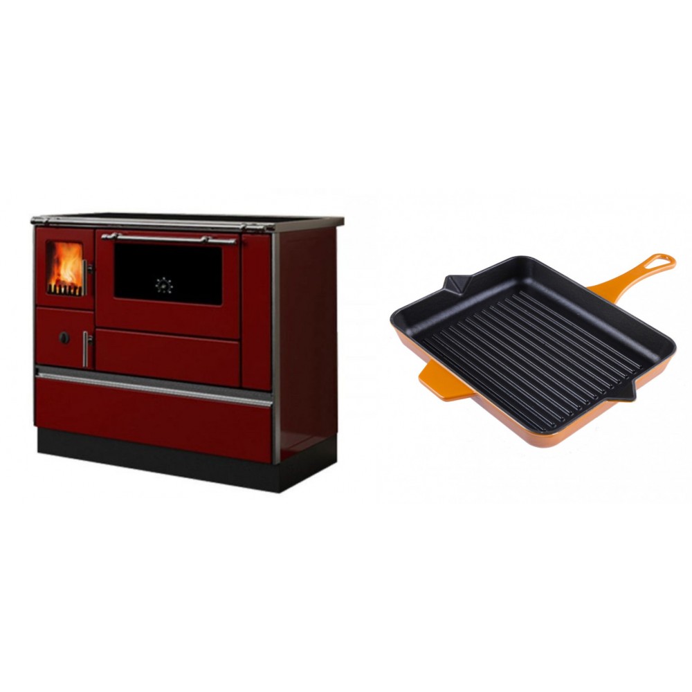 Set Küchenofen / Küchenhexe mit Backofen und Kochplatte Alfa Plam, Modell Dominant 90H Rot, Leistung 6.5kW + Emaillierte grillpfanne Gusseisen Solagio, Dijon, 26x32cm