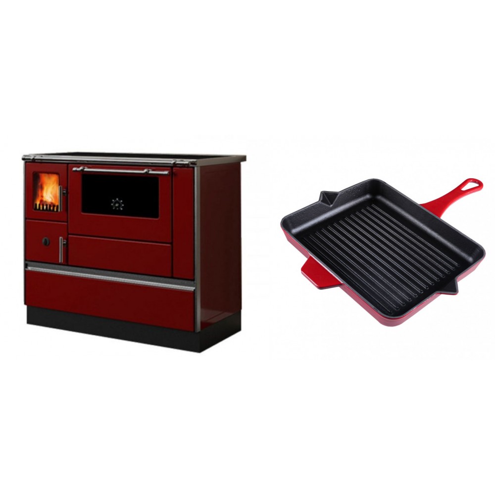 Set Küchenofen / Küchenhexe mit Backofen und Kochplatte Alfa Plam, Modell Dominant 90H Rot, Leistung 6.5kW + Emaillierte grillpfanne Gusseisen Solagio, Rubin, 26x32cm | Kaminofen - Holzofen mit Backfach | Kaminofen |