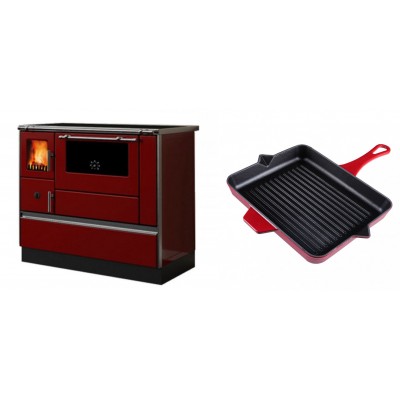 Set Küchenofen / Küchenhexe mit Backofen und Kochplatte Alfa Plam, Modell Dominant 90H Rot, Leistung 6.5kW + Emaillierte grillpfanne Gusseisen Solagio, Rubin, 26x32cm - Kaminofen - Holzofen mit Backfach