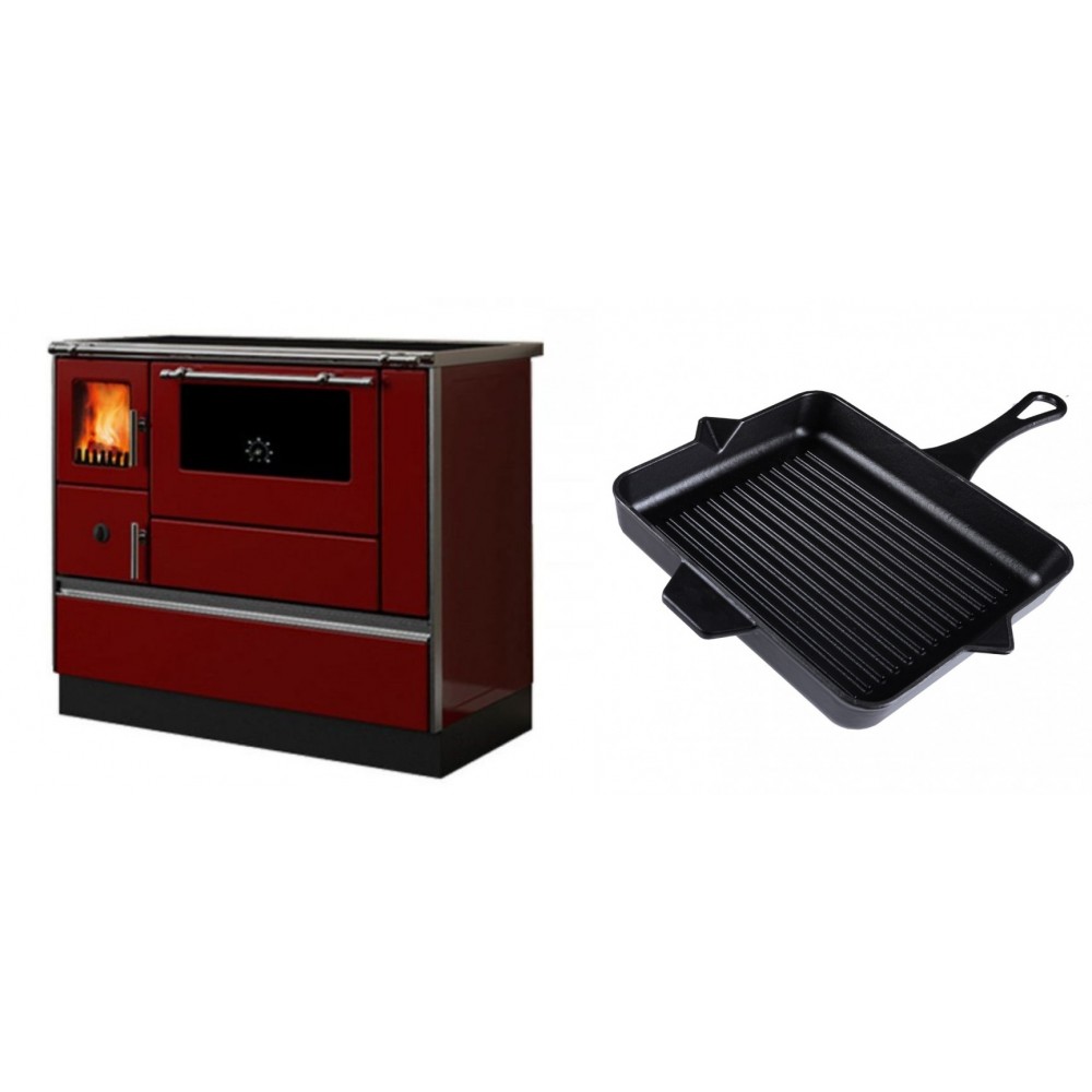 Set Küchenofen / Küchenhexe mit Backofen und Kochplatte Alfa Plam, Modell Dominant 90H Rot, Leistung 6.5kW + Emaillierte grillpfanne Gusseisen Solagio, Black Onyx, 26x32cm