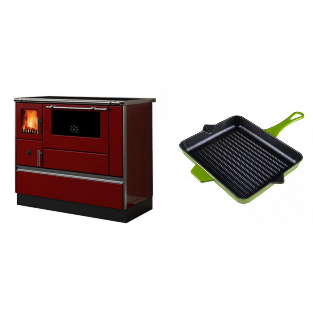 Set Küchenofen / Küchenhexe mit Backofen und Kochplatte Alfa Plam, Modell Dominant 90H Rot, Leistung 6.5kW + Emaillierte grillpfanne Gusseisen Solagio, Bamboo, 26x32cm