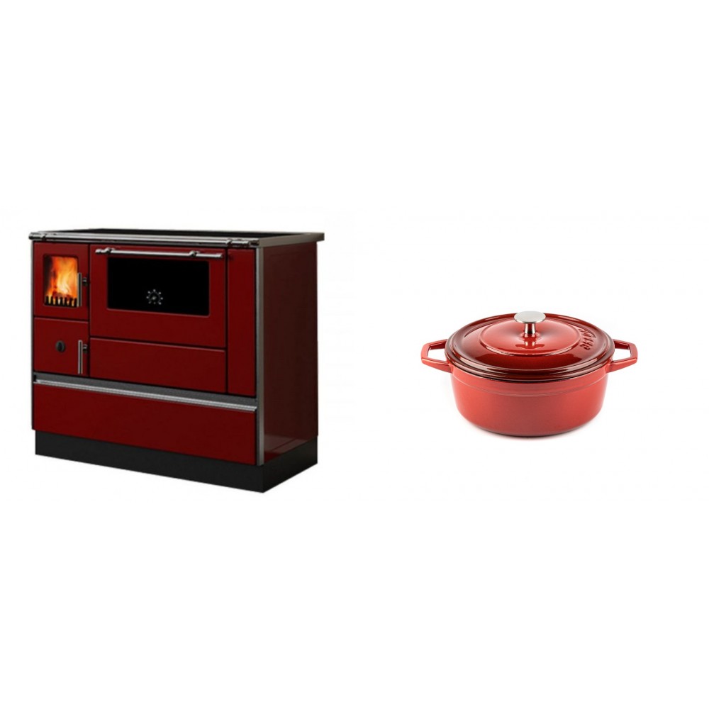 Set Küchenofen / Küchenhexe mit Backofen und Kochplatte Alfa Plam, Modell Dominant 90H Rot, Leistung 6.5kW + Gusseisen Topf Tiefer Solagio, Rubin, Ф12 | Kaminofen - Holzofen mit Backfach | Kaminofen |