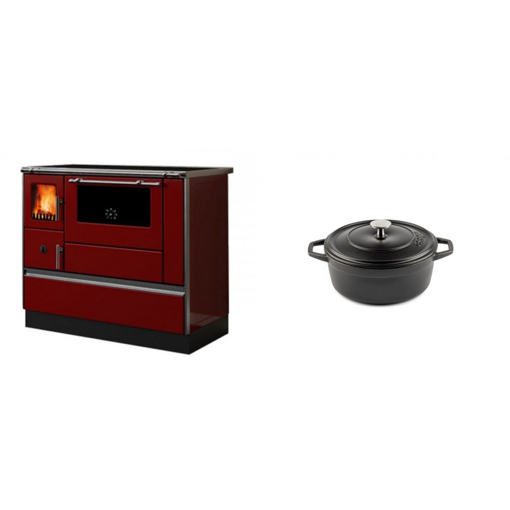 Set Küchenofen / Küchenhexe mit Backofen und Kochplatte Alfa Plam, Modell Dominant 90H Rot, Leistung 6.5kW + Gusseisen Topf Tiefer Solagio, Black Onyx, Ф12 | Kaminofen - Holzofen mit Backfach | Kaminofen |