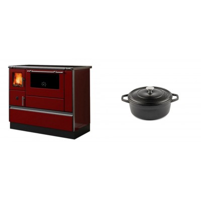 Set Küchenofen / Küchenhexe mit Backofen und Kochplatte Alfa Plam, Modell Dominant 90H Rot, Leistung 6.5kW + Gusseisen Topf Tiefer Solagio, Black Onyx, Ф12 - Kaminofen - Holzofen mit Backfach