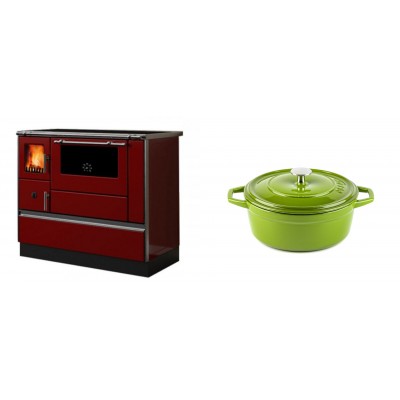 Set Küchenofen / Küchenhexe mit Backofen und Kochplatte Alfa Plam, Modell Dominant 90H Rot, Leistung 6.5kW + Gusseisen Topf Tiefer Solagio, Bamboo, Ф20 - Kaminofen - Holzofen mit Backfach