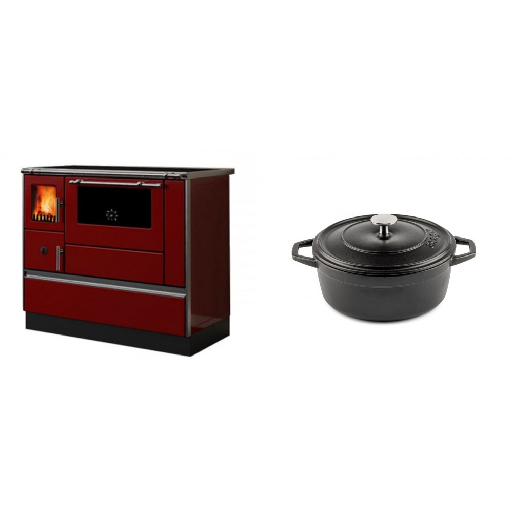 Set Küchenofen / Küchenhexe mit Backofen und Kochplatte Alfa Plam, Modell Dominant 90H Rot, Leistung 6.5kW + Gusseisen Topf Tiefer Solagio, Black Onyx, Ф20 | Kaminofen - Holzofen mit Backfach | Kaminofen |