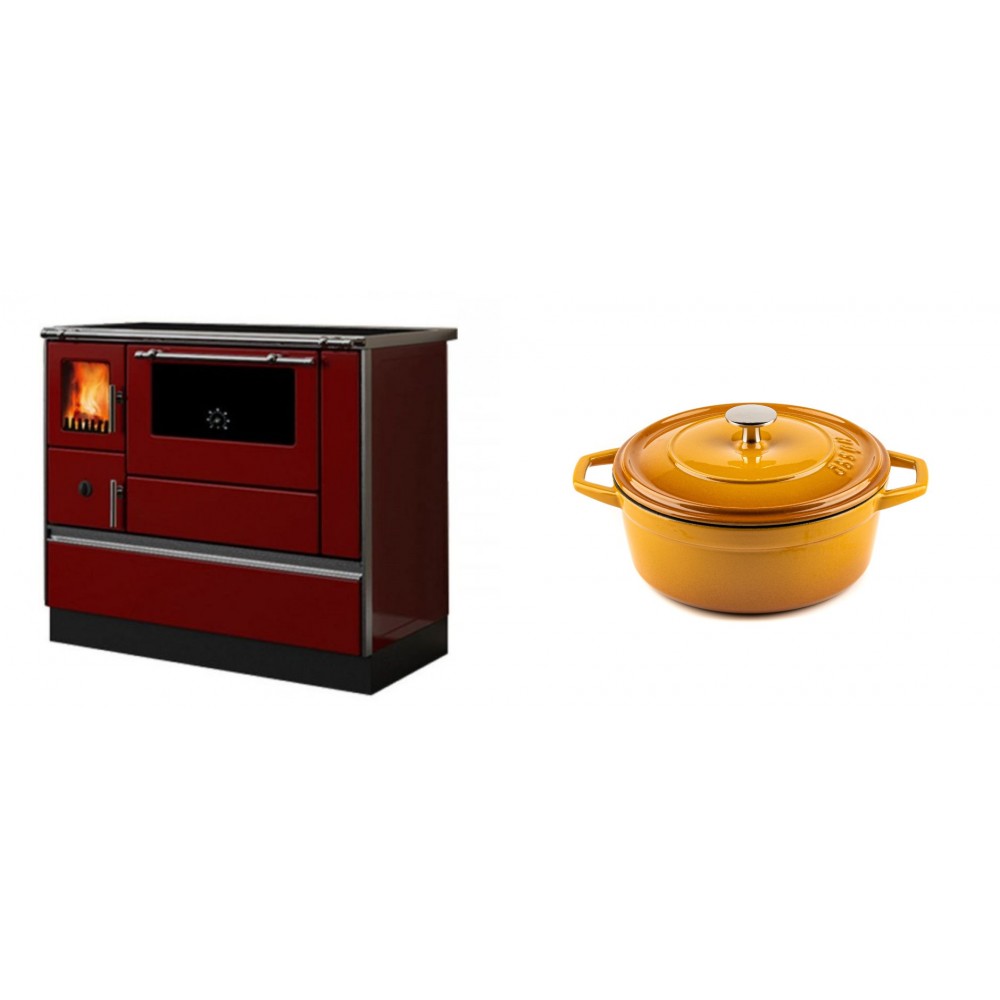 Set Küchenofen / Küchenhexe mit Backofen und Kochplatte Alfa Plam, Modell Dominant 90H Rot, Leistung 6.5kW + Gusseisen Topf Tiefer Solagio, Dijon, Ф20 | Kaminofen - Holzofen mit Backfach | Kaminofen |