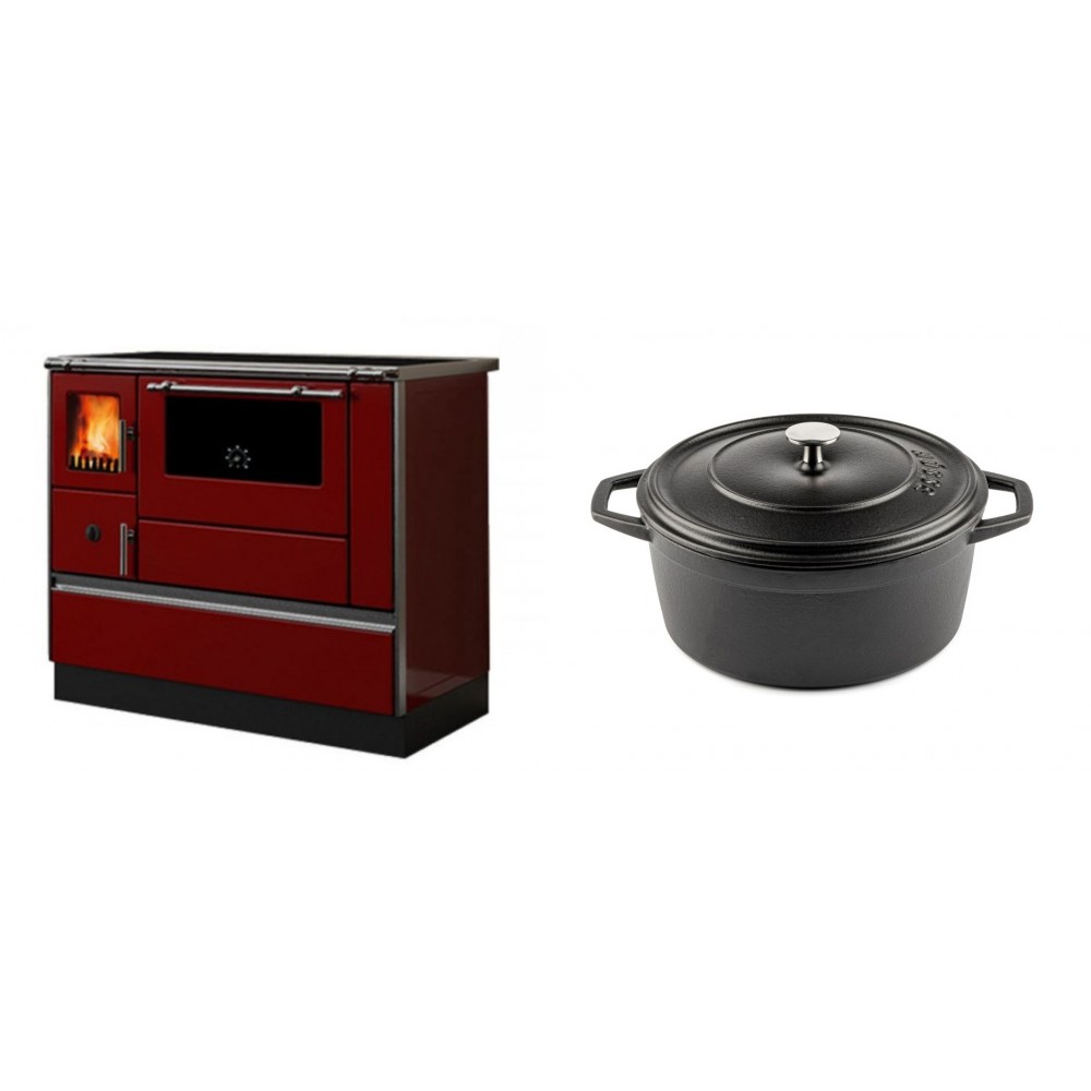 Set Küchenofen / Küchenhexe mit Backofen und Kochplatte Alfa Plam, Modell Dominant 90H Rot, Leistung 6.5kW + Gusseisen Topf Tiefer Solagio, Black Onyx, Ф24 | Kaminofen - Holzofen mit Backfach | Kaminofen |
