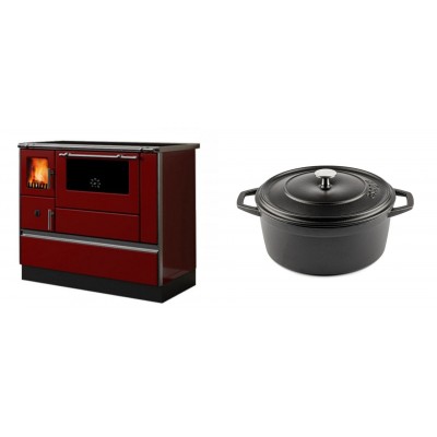 Set Küchenofen / Küchenhexe mit Backofen und Kochplatte Alfa Plam, Modell Dominant 90H Rot, Leistung 6.5kW + Gusseisen Topf Tiefer Solagio, Black Onyx, Ф24 - Kaminofen - Holzofen mit Backfach
