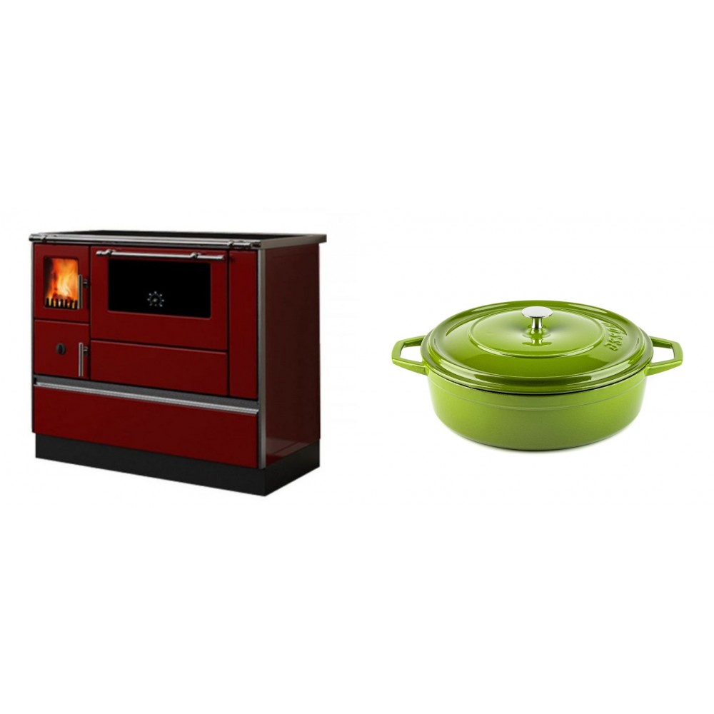 Set Küchenofen / Küchenhexe mit Backofen und Kochplatte Alfa Plam, Modell Dominant 90H Rot, Leistung 6.5kW + Gusseisen Topf Flach Solagio, Bamboo, Ф26