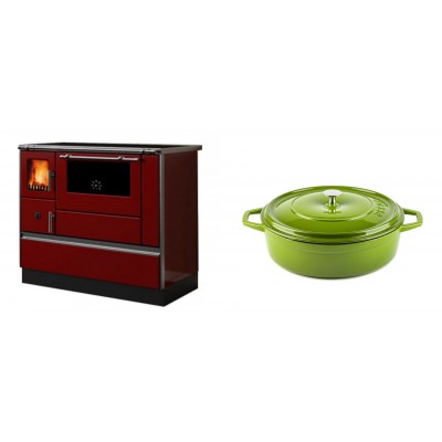 Set Küchenofen / Küchenhexe mit Backofen und Kochplatte Alfa Plam, Modell Dominant 90H Rot, Leistung 6.5kW + Gusseisen Topf Flach Solagio, Bamboo, Ф26 - Kaminofen - Holzofen mit Backfach