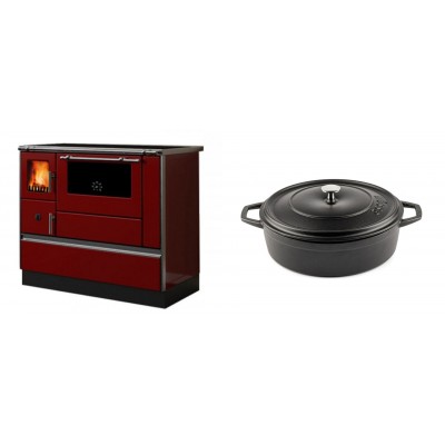 Set Küchenofen / Küchenhexe mit Backofen und Kochplatte Alfa Plam, Modell Dominant 90H Rot, Leistung 6.5kW + Gusseisen Topf Flach Solagio, Black Onyx, Ф26 - Kaminofen - Holzofen mit Backfach