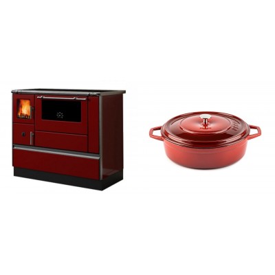 Set Küchenofen / Küchenhexe mit Backofen und Kochplatte Alfa Plam, Modell Dominant 90H Rot, Leistung 6.5kW + Gusseisen Topf Flach Solagio, Rubin, Ф26 - Kaminofen - Holzofen mit Backfach