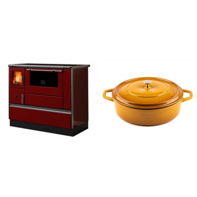 Set Küchenofen / Küchenhexe mit Backofen und Kochplatte Alfa Plam, Modell Dominant 90H Rot, Leistung 6.5kW + Gusseisen Topf Flach Solagio, Dijon, Ф28 - Kaminofen - Holzofen mit Backfach
